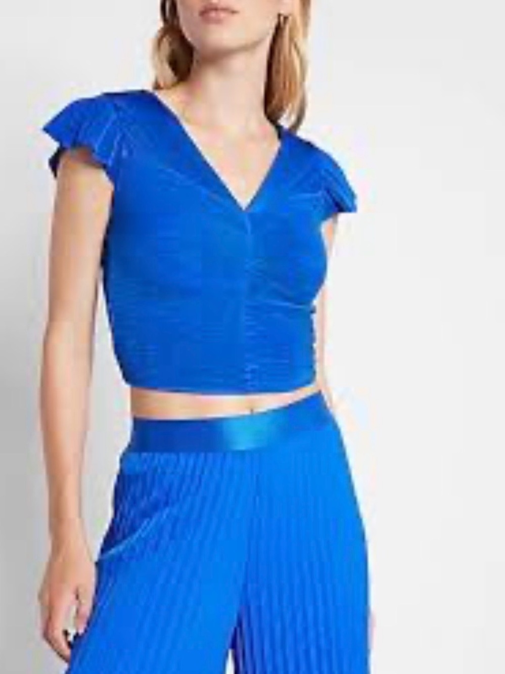 Express Cobalt Blue V-Neck Cropped Top with Flutter Sleeves